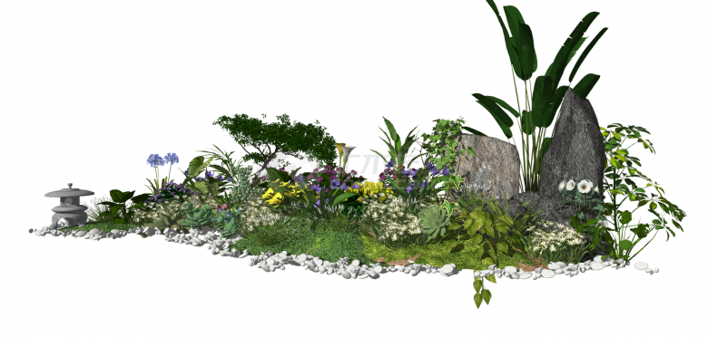 带有假山茂密的绿植跟鹅卵石的景色su模型-图二