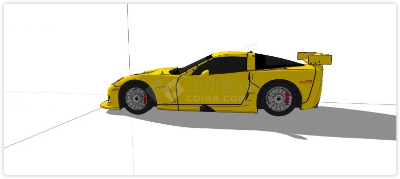 黄色带尾翼双门轿车汽车su模型-图二