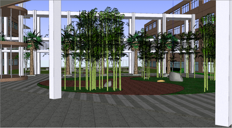 带有竹字和长廊的广场公园su模型-图一