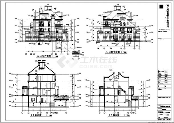 浙江三层框架结构法式联排别墅施工图-图二