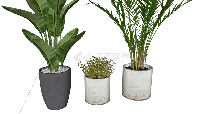 三个圆筒状现代绿植盆栽su模型-图二