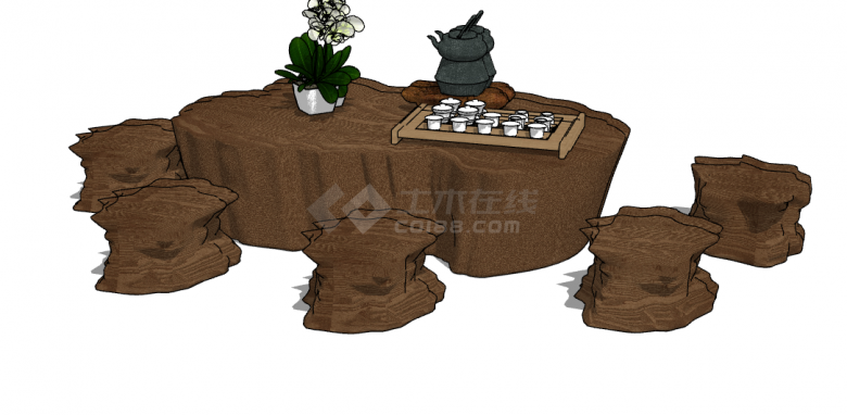 棕色经典根雕茶桌茶台 su模型-图二