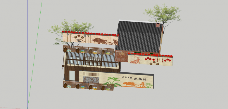 农耕文化景墙组合su模型-图二