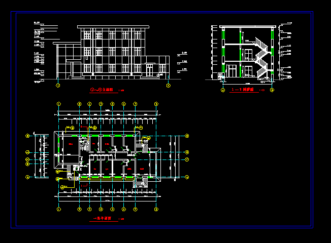 经典三层教室建筑cad平立面施工图_图1