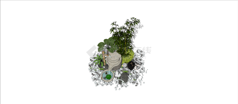 新中式假山植物罗汉竹石磨流水景观SU模型-图二