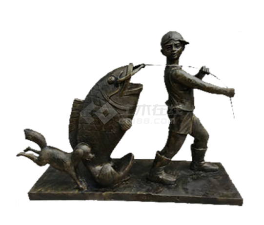 钓鱼捕鱼民俗人物铜人雕塑组合su模型-图二