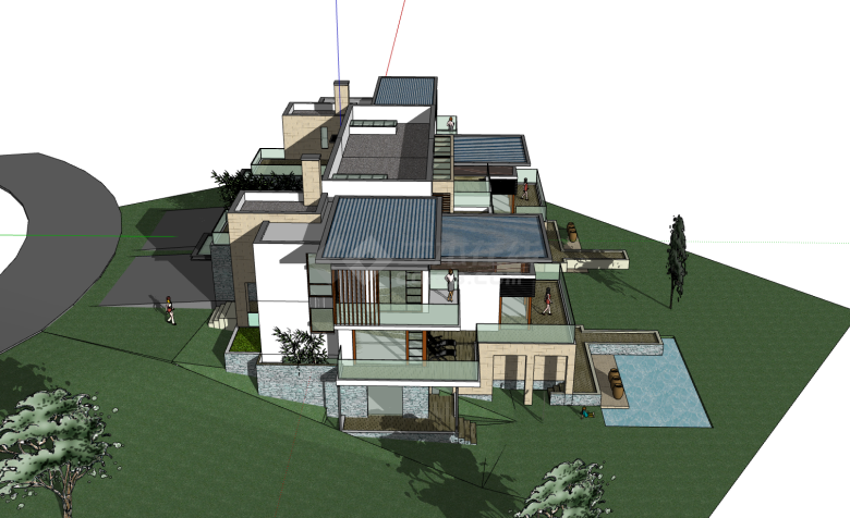 平顶玻璃护栏两层1000平方米双拼别墅坡地建筑su模型-图二