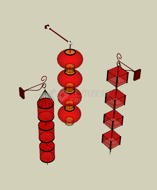 中式红色喜庆数个灯笼su模型-图二