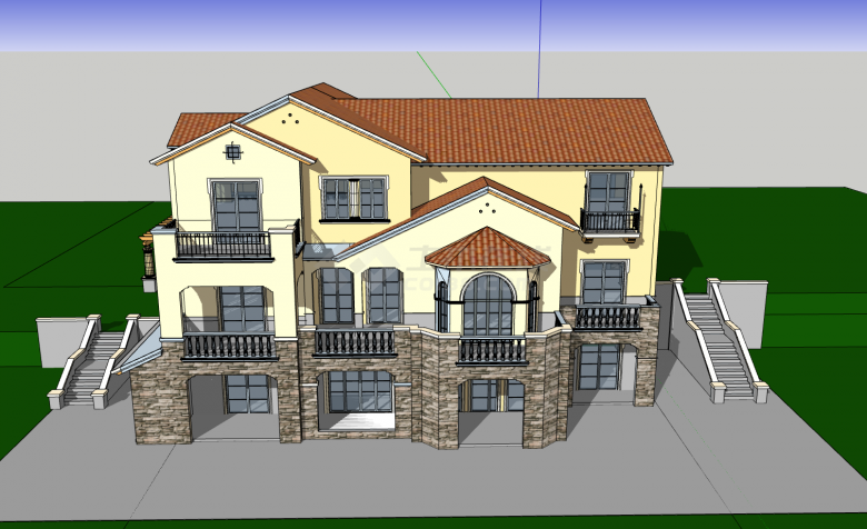 黄色墙面坡屋面两层704平方米独栋别墅su模型-图二
