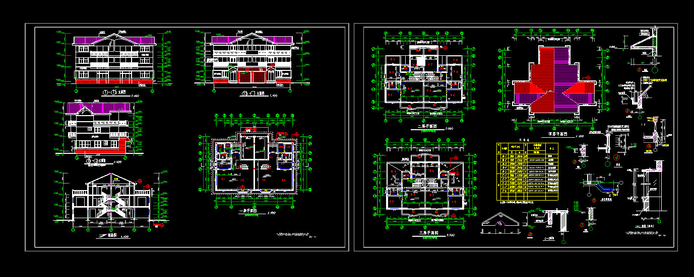 三层双拼别墅施工CAD平立剖面设计图
