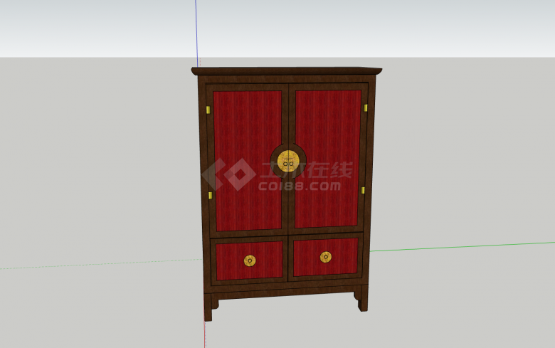 红色柜门金色拉环中式实木柜su模型-图二
