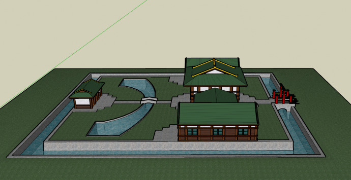 绿色复古的带水池的建筑su模型_图1