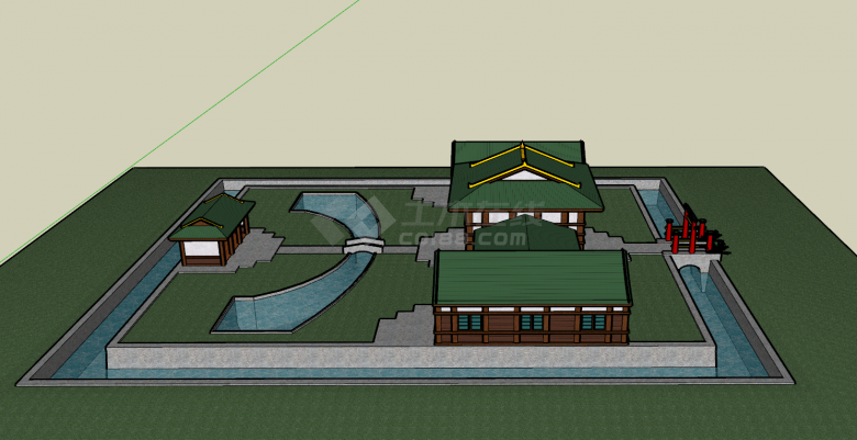 绿色复古的带水池的建筑su模型-图一