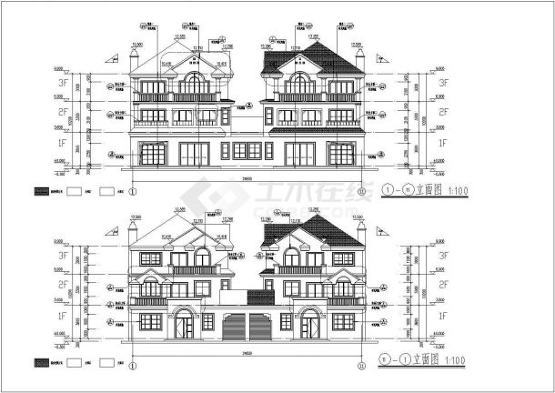 某地3层框架结构联排别墅建筑设计方案图-图一