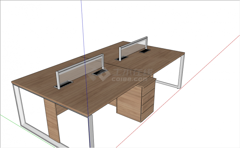 木纹桌面带玻璃隔断和抽屉柜四人位办公桌su模型-图一