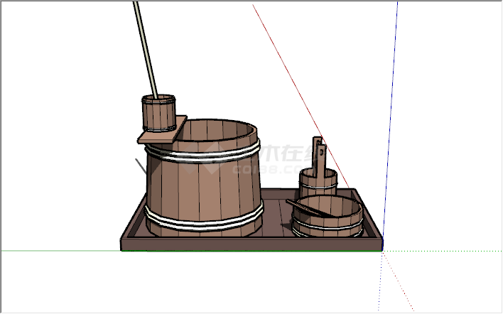 中式木质水桶洗衣用具组合su模型-图二