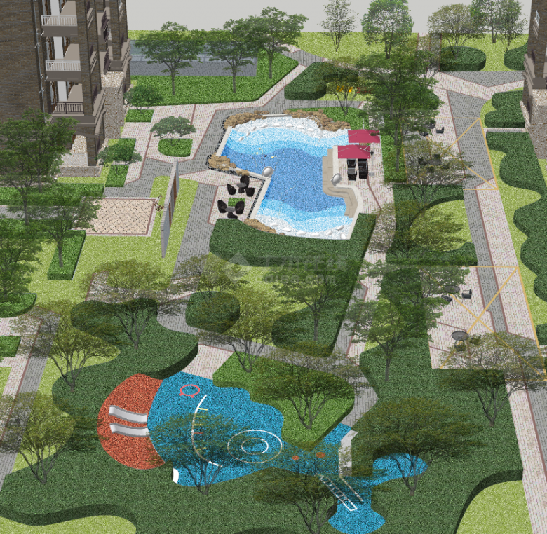 小型泳池小区景观su模型-图二
