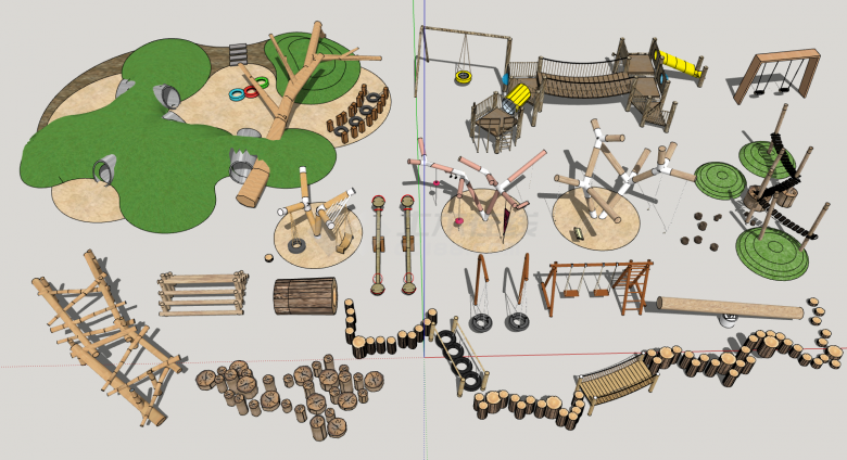 秋千木制儿童游乐设施su模型-图一