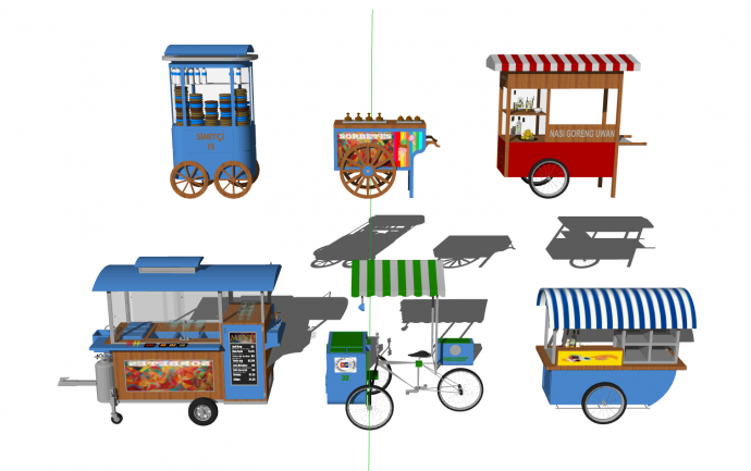 天蓝色格子拱顶两轮可推快餐车su模型_图1