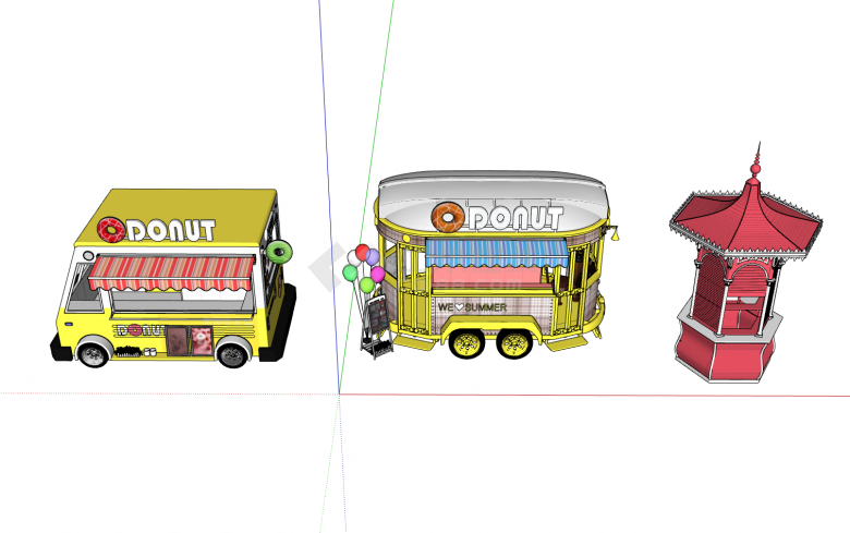 两台黄色快餐车加上粉红色尖顶售卖亭su模型-图一