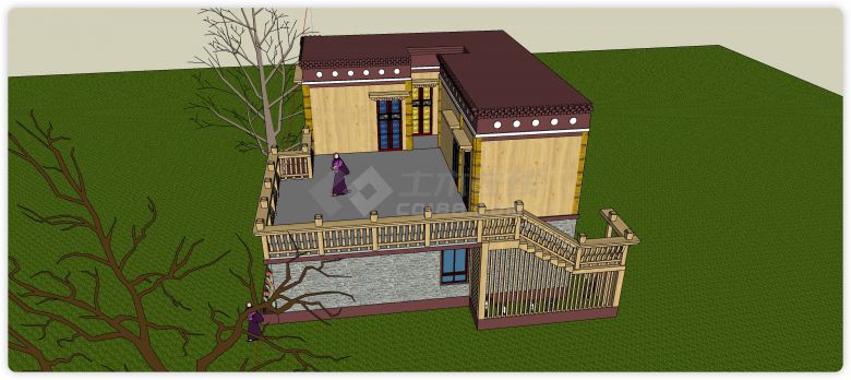二层木围栏文化砖主体藏式别墅su模型-图二