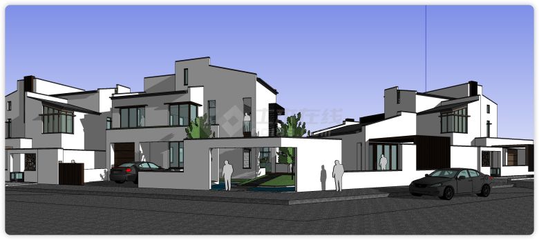 白色主体绿色玻璃住宅别墅洋房建筑su模型-图一
