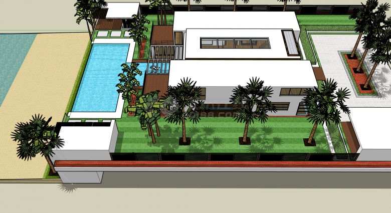 白色主体四周种椰树带长形泳池度假别墅su模型-图二
