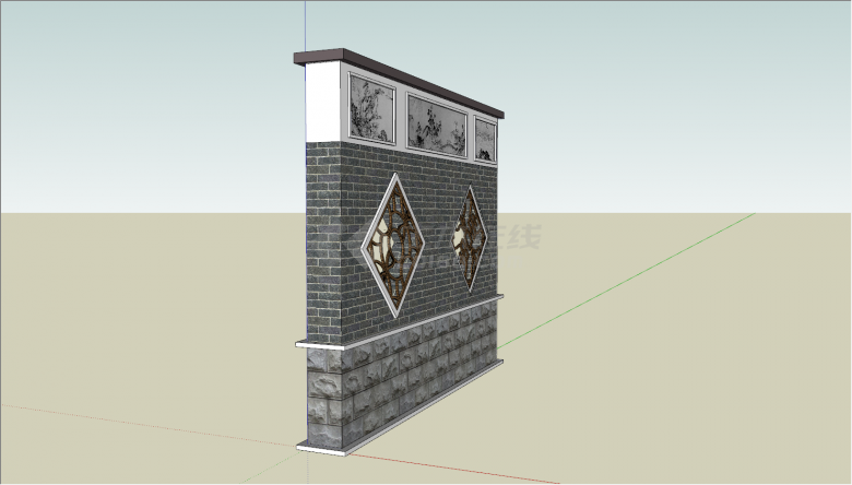 带山水画石质中式墙体su模型-图二