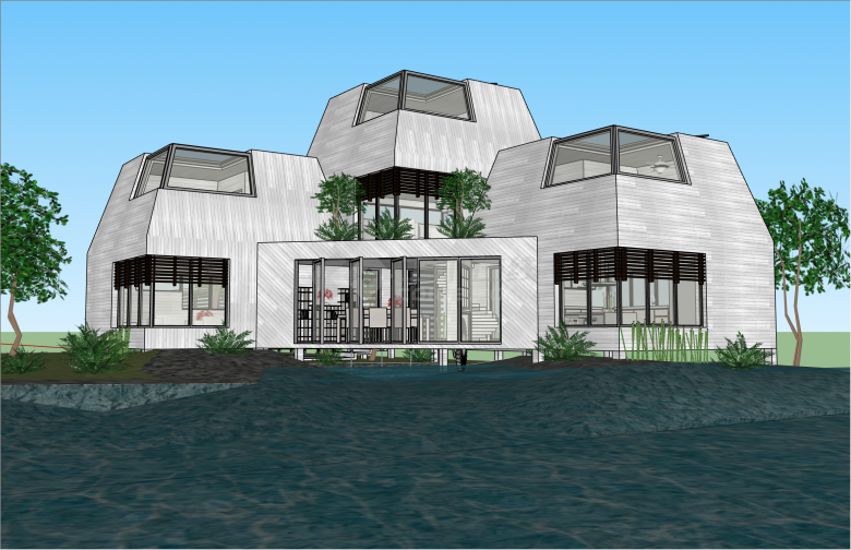 现代休闲湿地滨水别墅庭院su模型-图二