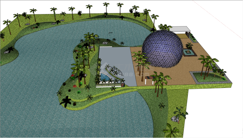 带有球型建筑的大型人工湖的公园su模型-图二