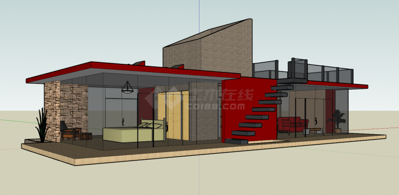 红色全透明玻璃带大阳台的住宅别墅洋房建筑su模型-图二