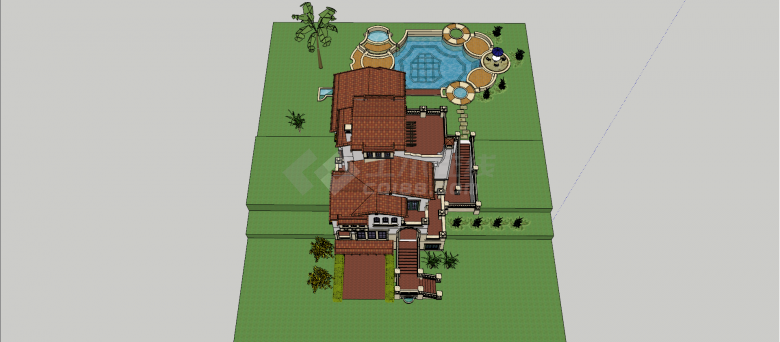 四层红色坡屋顶带弧形泳池西班牙风格别墅su模型-图二
