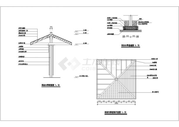 一个单柱四方中式木亭设计施工图纸-图二