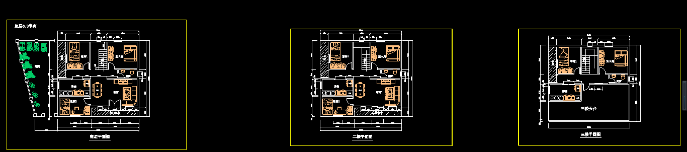某三层自建别墅建筑cad平面施工方案图（含效果图）