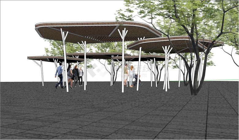 新中式木质公园廊架su模型-图二
