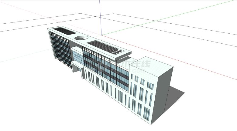 一字型楼顶带圆形孔洞的办公楼su模型-图二