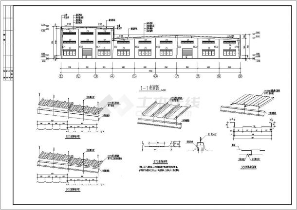 江苏某3连跨（高低跨）单层厂房建筑结构施工图-图二