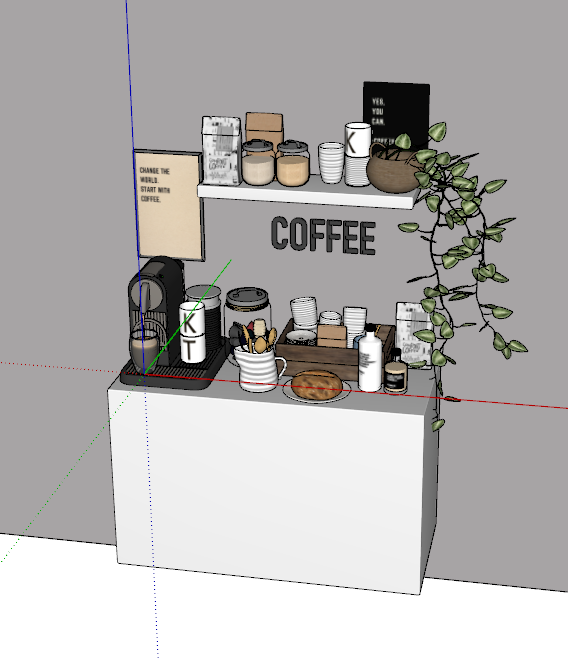 现代精致休闲惬意咖啡机餐具组合牛奶厨具餐具植物面包挂画罐子储物罐su模型_图1