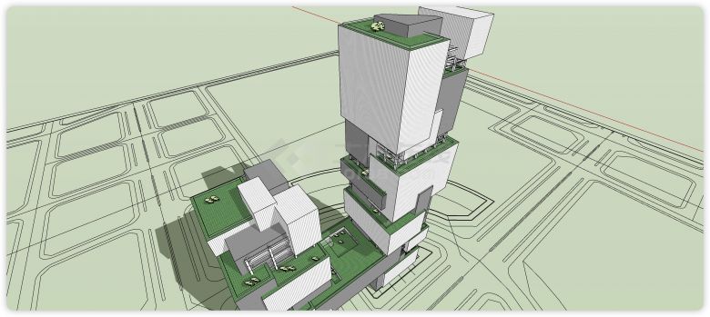 矩形错层堆叠高层办公楼设计su模型-图一