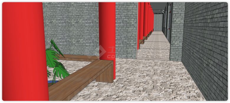 红色柱子古建群落合院su模型-图二