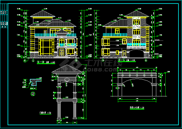 两套仿古别墅建筑施工设计CAD平立面图-图二