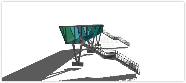 两边楼梯蓝绿色玻璃人行天桥现代风格桥su模型-图二