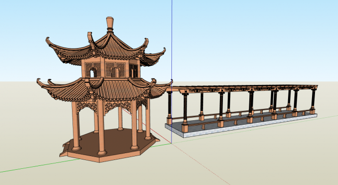 中式豪华红石亭长廊su模型_图1