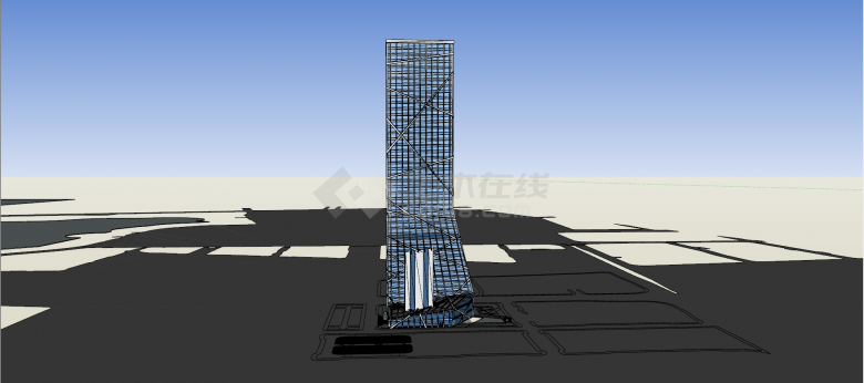 异形扭曲蓝色系办公高层建筑设计su模型-图二