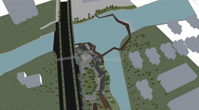 黑色屋顶湖边亲水步道公园SU模型-图二