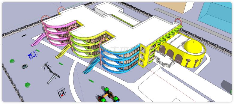 彩虹色建筑滑梯幼儿园su模型-图一