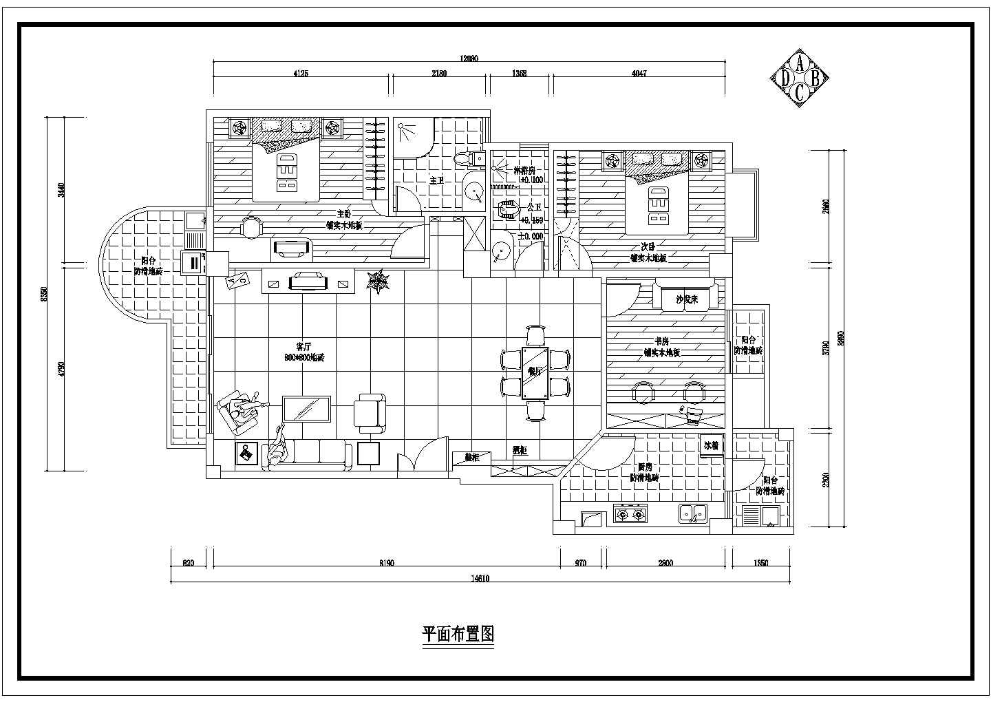 某三室两厅三阳台双卫装修设计图