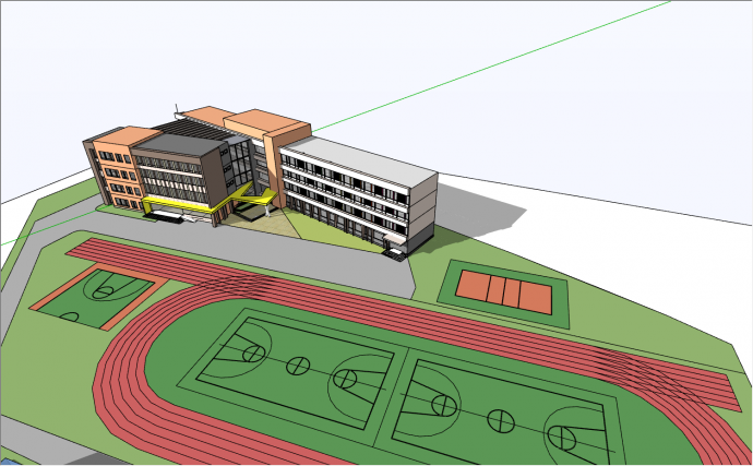 3幢4层楼建筑做三角形形状组合带一个大操场的幼儿园su模型_图1