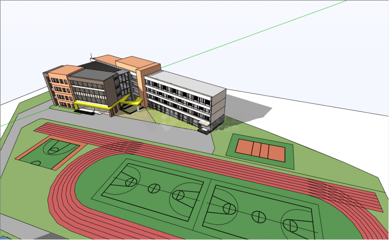 3幢4层楼建筑做三角形形状组合带一个大操场的幼儿园su模型-图一