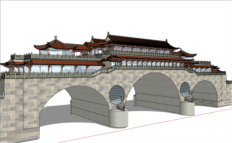 中式带石雕带3个拱形石桥su模型-图二